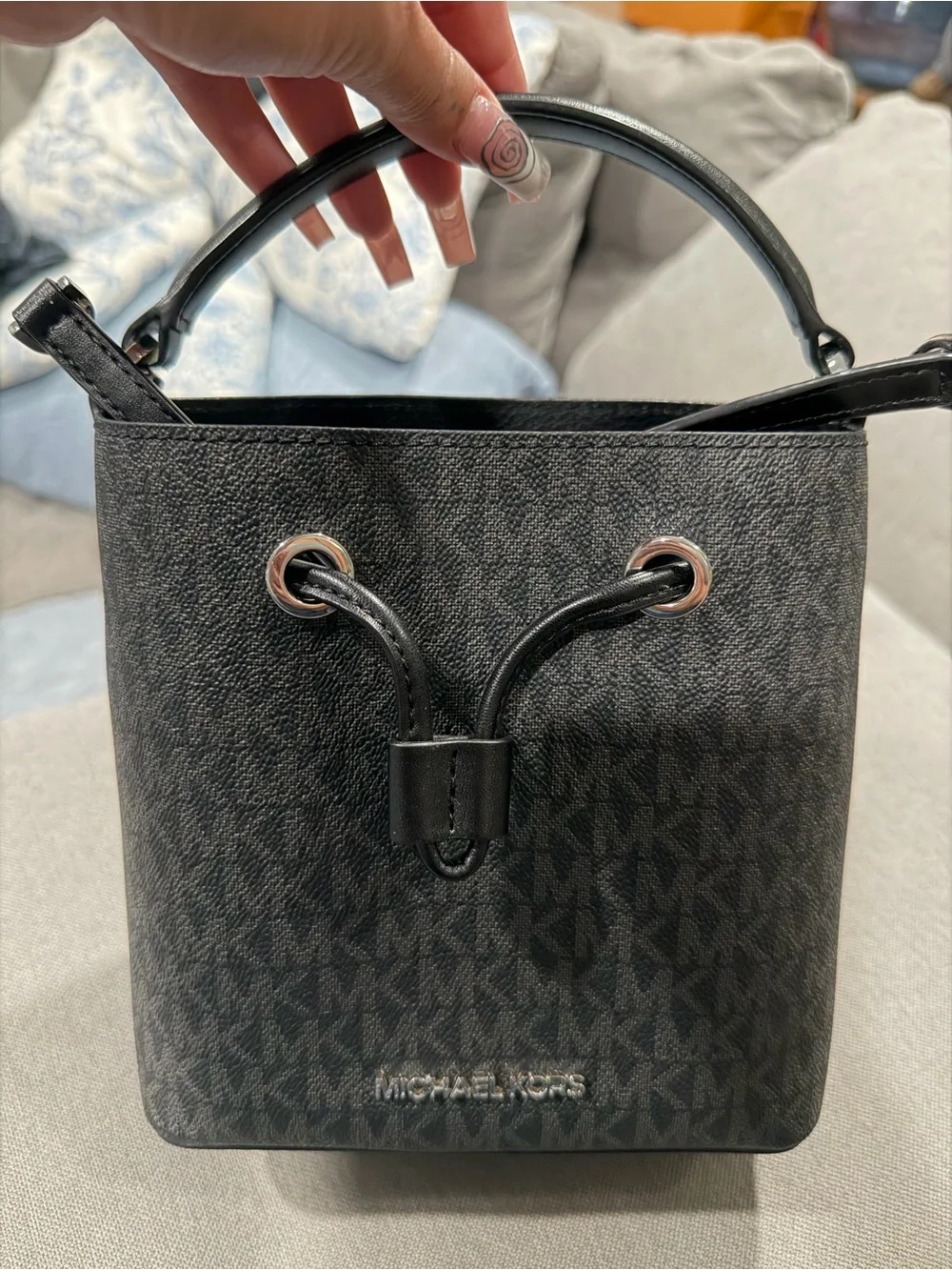 Michael Kors Black Signature Monogram Bucket Messenger Bag